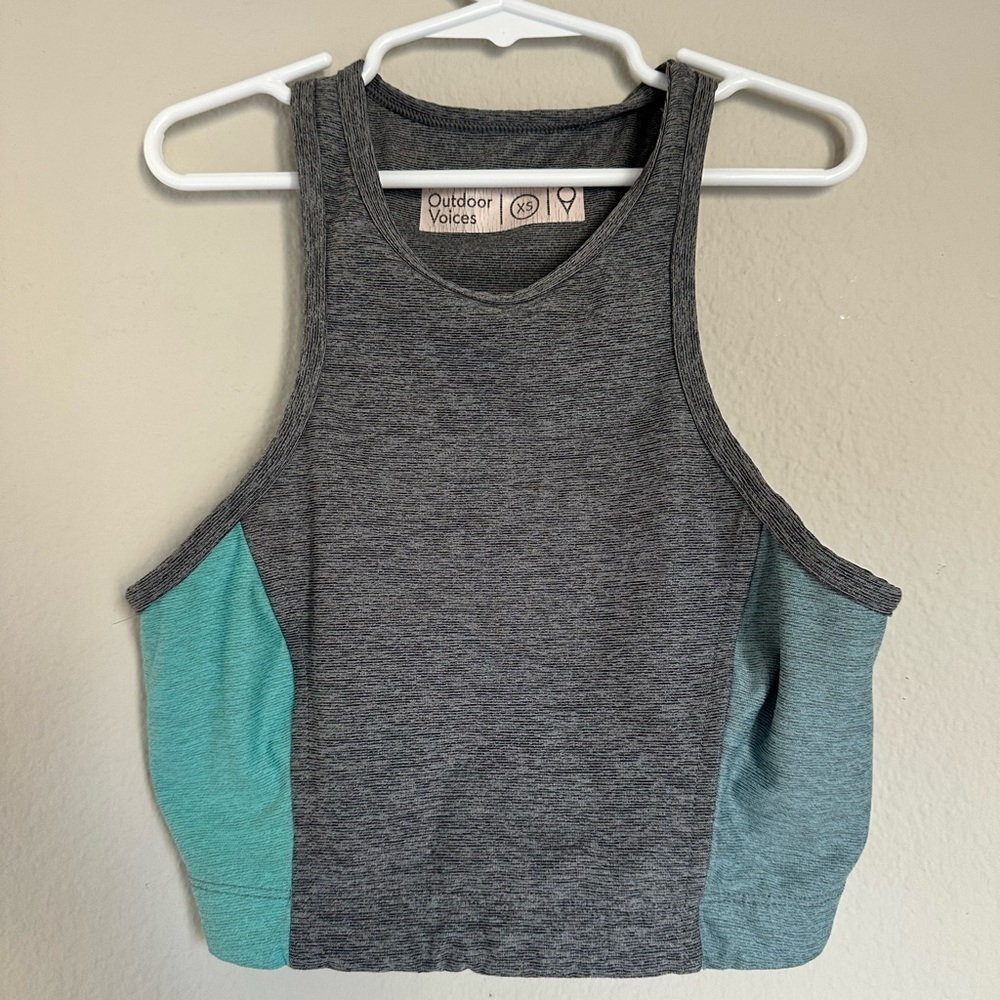Outdoor Voices EUC color block sports bra longline blue and grey crop top XS